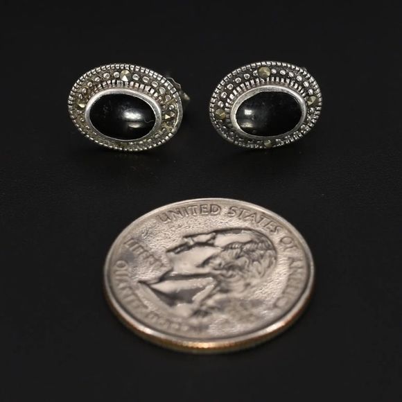 Onyx Marcasite Sterling Silver Post Stud Earrings - Picture 3 of 7